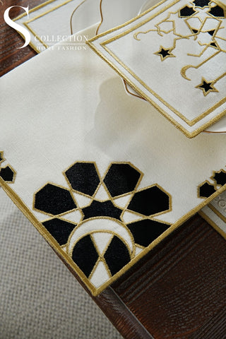 Ramadan Dome Design Black and Gold Placemat Set - Waterproof Fabric - 6 Persons - 24 Pcs. Full Set