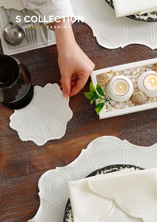 Marine Off White Design Placemat Set - Waterproof Fabric - 6 Persons - 24 Pcs. Full Set