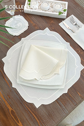 Amelia Off White Design Placemat Set - Waterproof Fabric - 6 Persons - 24 Pcs. Full Set