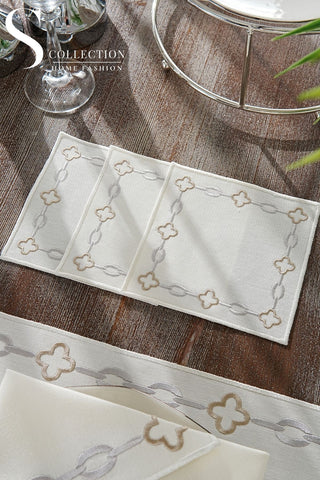 Cadena Silver Border - Cappuccino Design Placemat Set - Waterproof Fabric - 6 Persons - 24 Pcs. Full Set