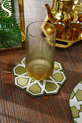 طقم مفارش سفرة - تصميم قبة رمضان - تطريز  أخضر زيتونى -  قماش مقاوم للماء -  ٦ أشخاص - ٢٤ قطعة - طقم كامل