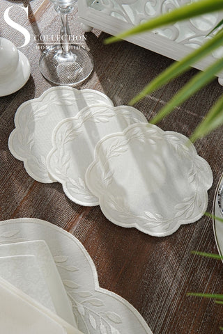 Chantal Off White Design Placemat Set - Waterproof Fabric - 6 Persons - 24 Pcs. Full Set