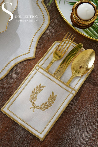 Laurel Wreath Gold Design Placemat Set - Waterproof Fabric - 6 Persons - 24 Pcs. Full Set