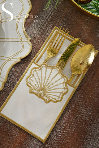 طقم مفارش سفرة - تصميم مارين - تطريز ذهبى - قماش مقاوم للماء - ٦ اشخاص - ٢٤ قطعة - طقم كامل  