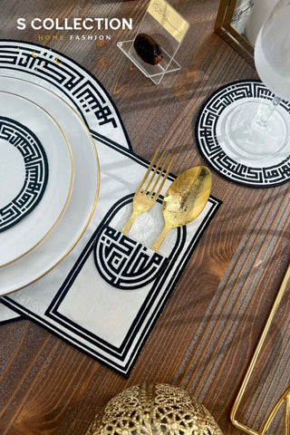 Layali Design Ramadan Collection Placemat Set - Black Embroidered -  Waterproof Fabric - 6 Persons - 18 Pcs. Full Set