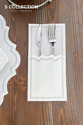 Camila Silver and Off White Design Placemat Set - Waterproof Fabric - 6 Persons - 24 Pcs. Full Set