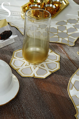 Ramadan Dome Design Silver and Gold Full Placemat Set - With Bread Basket Napkin and Runner - 6 Persons - 26 Pcs.