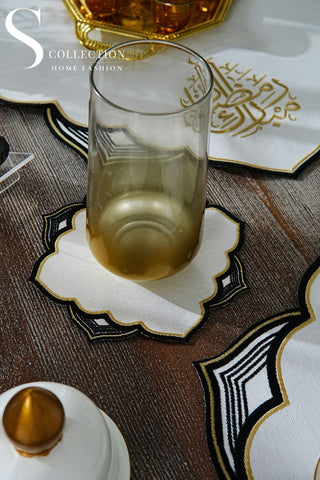 Ramadan Najma Design Black and Gold Full Placemat Set - With Bread Basket Napkin and Runner - 6 Persons - 26 Pcs.