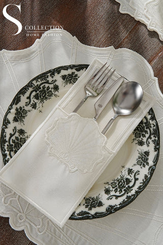 Marine Off White Design Placemat Set - Waterproof Fabric - 6 Persons - 24 Pcs. Full Set