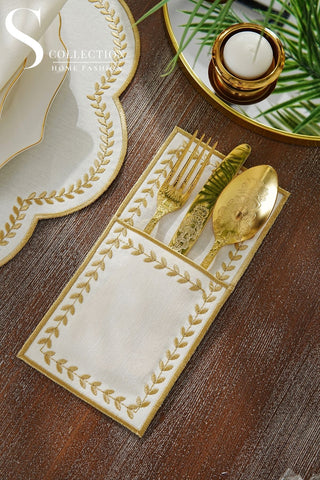 Leafy Allure Gold Design Placemat Set - Waterproof Fabric - 6 Persons - 24 Pcs. Full Set