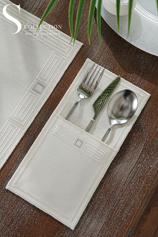 Tuscan Off White and Silver Design Placemat Set - 6 Persons - Waterproof Fabric - 24 Pcs. Full Set