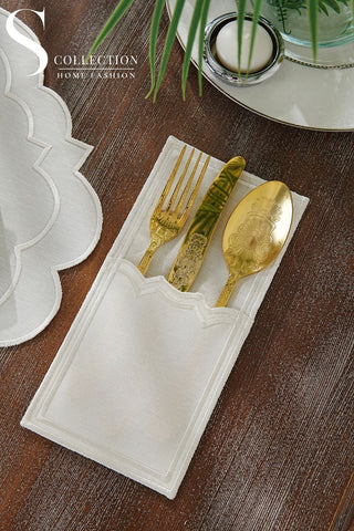 Clara Off White Design Placemat Set - Waterproof Fabric - 6 Persons - 24 Pcs. Full Set