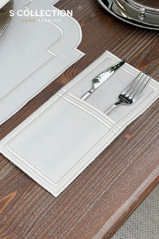 Nova Belle Design Off White and Shine Silver Placemat Set - Waterproof Fabric - 6 Persons - 24 Pcs. Full Set