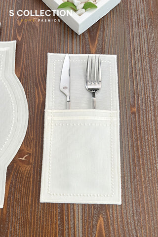 Graceful Off White Design Placemat Set - Waterproof Fabric - 6 Persons - 24 Pcs. Full Set