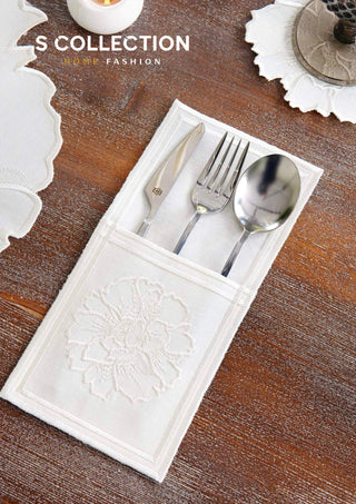 طقم مفارش سفرة - تصميم  إلويس - تطريز اوف وايت - قماش مقاوم للماء - ٦ اشخاص - ٢٤ قطعة - طقم كامل  