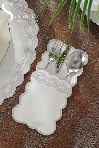 طقم مفارش سفرة - تصميم أوشن بريد - تطريز فضى - قماش مقاوم للماء - ٦ اشخاص - ٢٤ قطعة - طقم كامل  