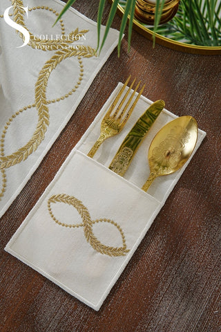 Olive Branch Gold Design Placemat Set - Waterproof Fabric - 6 Persons - 24 Pcs. Full Set