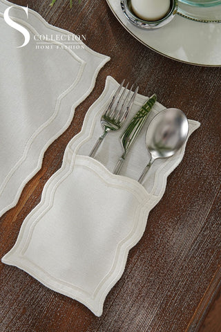 Leo Off White Design Placemat Set - Waterproof Fabric - 6 Persons - 24 Pcs. Full Set