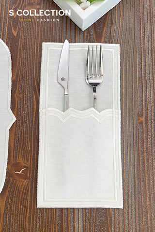 Amelia Off White Design Placemat Set - Waterproof Fabric - 6 Persons - 24 Pcs. Full Set