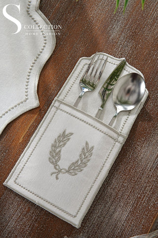 Laurel Wreath Silver Design Placemat Set - Waterproof Fabric - 6 Persons - 24 Pcs. Full Set