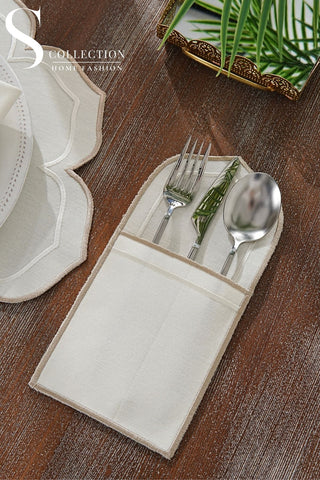 Valeria Off White and Cappuccino Design Placemat Set - Waterproof Fabric - 6 Persons - 24 Pcs. Full Set