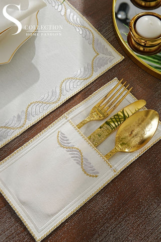 طقم مفارش سفرة - تصميم أوشن - تطريز فضى وذهبى - قماش مقاوم للماء - ٦ اشخاص - ٢٤ قطعة - طقم كامل  