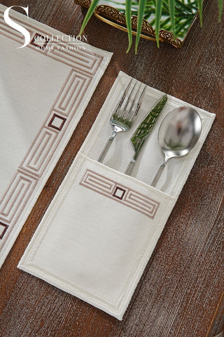 Tuscan Cappucino and Brown Design Placemat Set - Waterproof Fabric - 6 Persons - 24 Pcs. Full Set