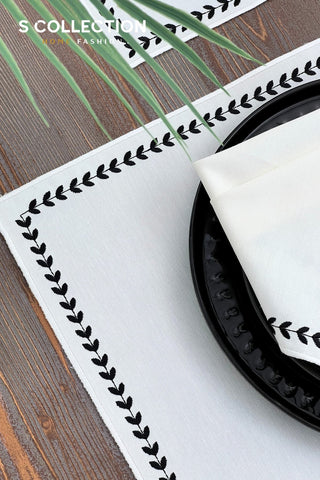 Leafy Allure Cornered Black Design Placemat Set - Waterproof Fabric - 6 Persons - 24 Pcs. Full Set