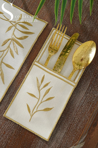 Gold Flower Design Placemat Set - Waterproof Fabric - 6 Persons - 24 Pcs. Full Set