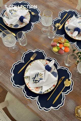 Cloudy Design Embroidered Placemat Set - Navy Blue Colour Waterproof Fabric - 6 Persons - 18 Pcs.