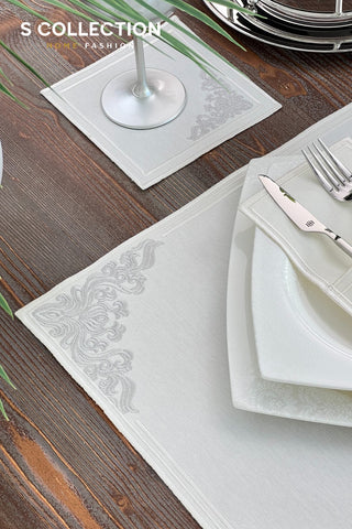 Evelyn Silver Design Placemat Set - Waterproof Fabric - 6 Persons - 24 Pcs. Full Set