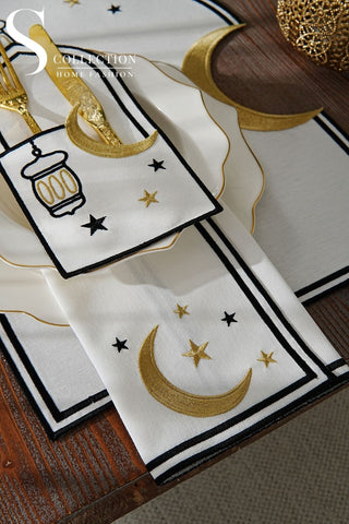 Ramadan Qamar Design Black and Gold Placemat Set - Waterproof Fabric - 6 Persons - 24 Pcs. Full Set