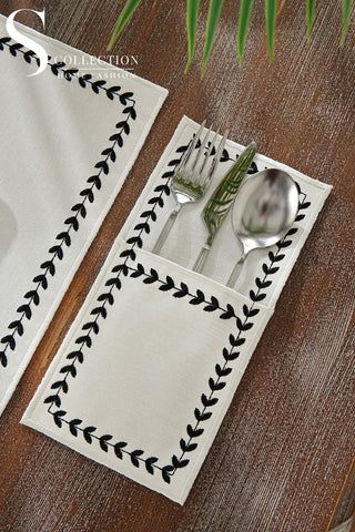 Leafy Allure Cornered Black Design Placemat Set - Waterproof Fabric - 6 Persons - 24 Pcs. Full Set