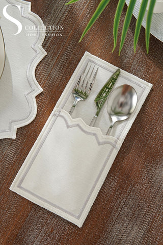 Camila Silver and Off White Design Placemat Set - Waterproof Fabric - 6 Persons - 24 Pcs. Full Set
