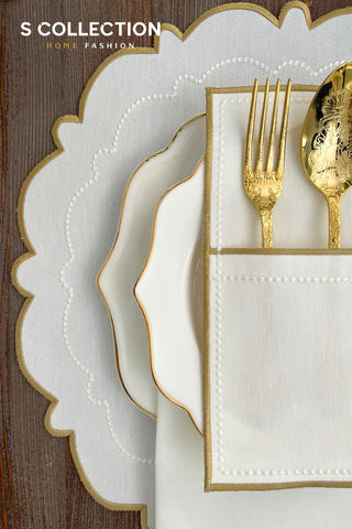 Tansy Gold and Off White Design Placemat Set - Waterproof Fabric - 6 Persons - 24 Pcs. Full Set