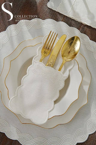 Ocean Braid Off White Design Placemat Set - Waterproof Fabric - 6 Persons - 24 Pcs. Full Set