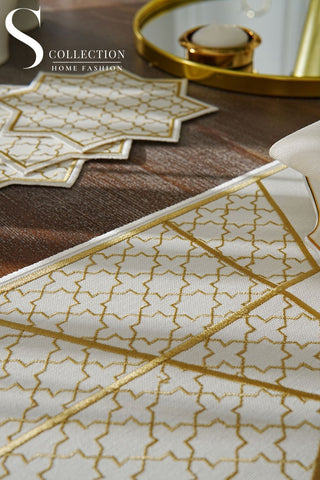 Rimal Gold Design Placemat Set - Waterproof Fabric - 6 Persons - 18 Pcs. Full Set