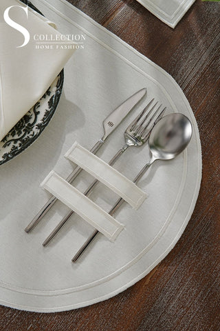 Dora Off White Pocket Design Placemat Set - Waterproof Fabric - 6 Persons - 18 Pcs. Full Set