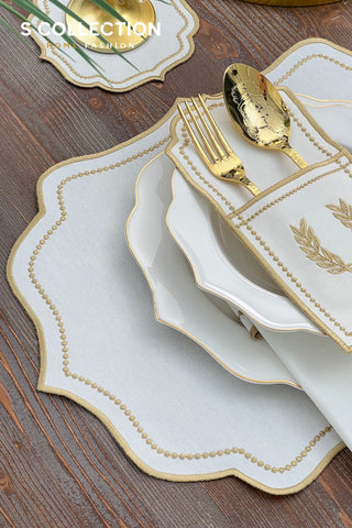 Laurel Wreath Gold Design Placemat Set - Waterproof Fabric - 6 Persons - 24 Pcs. Full Set