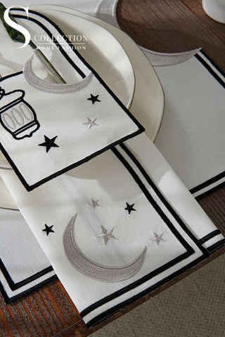 Ramadan Qamar Design Black and Silver Placemat Set - Waterproof Fabric - 6 Persons - 24 Pcs. Full Set