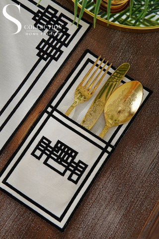 Pyramid Design Black Placemat Set - Waterproof Fabric - 6 Persons - 24 Pcs. Full Set