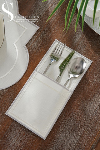 Milan Silver and Off White Design Placemat Set - Waterproof Fabric - 6 Persons - 24 Pcs. Full Set