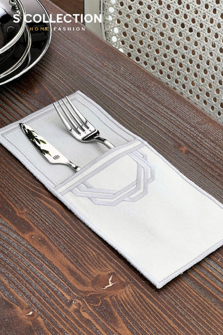 Octagonal Silver Design Placemat Set - Waterproof Fabric - 6 Persons - 24 Pcs. Full Set