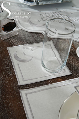 Ramadan Design Silver Stellar Serenity Full Placemat Set - With Bread Basket Napkin and Runner - 6 Persons - 26 Pcs.