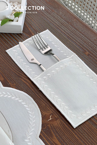 Leafy Allure Off White Design Placemat Set - Waterproof Fabric - 6 Persons - 24 Pcs. Full Set