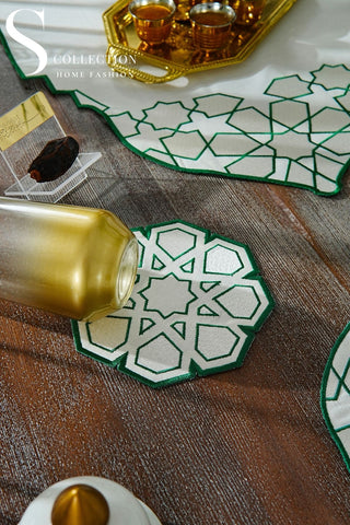 Ramadan Dome Design Green and Off White Full Placemat Set - With Bread Basket Napkin and Runner - 6 Persons - 26 Pcs.