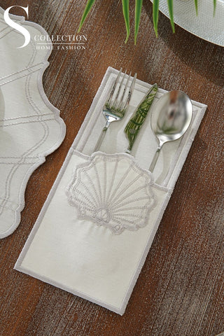 طقم مفارش سفرة - تصميم مارين - تطريز فضى - قماش مقاوم للماء - ٦ اشخاص - ٢٤ قطعة - طقم كامل  