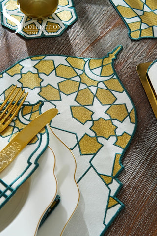 Ramadan Dome Design Green and Gold Full Placemat Set - With Bread Basket Napkin and Runner - 6 Persons - 26 Pcs.