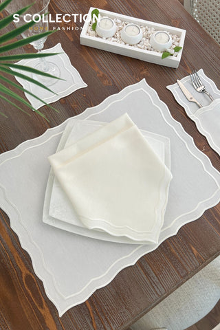 Leo Off White Design Placemat Set - Waterproof Fabric - 6 Persons - 24 Pcs. Full Set