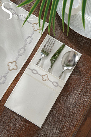Cadena Silver Border - Cappuccino Design Placemat Set - Waterproof Fabric - 6 Persons - 24 Pcs. Full Set